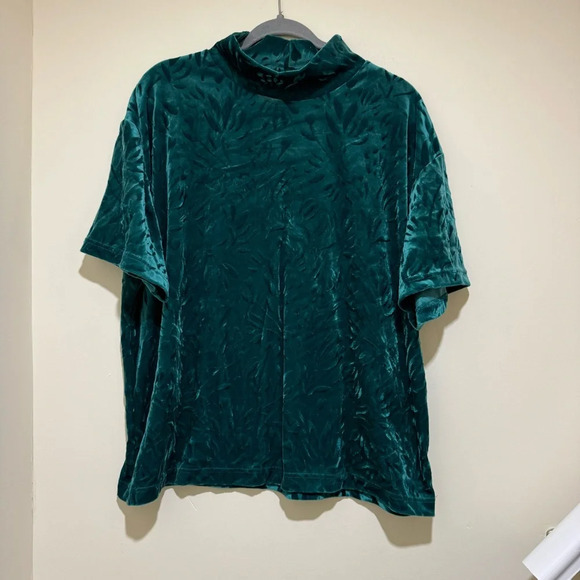 Women’s Plus Vintage Green Leaf Print Velvet Floral Hugh Neck Short Sleeve Top - Picture 4 of 11
